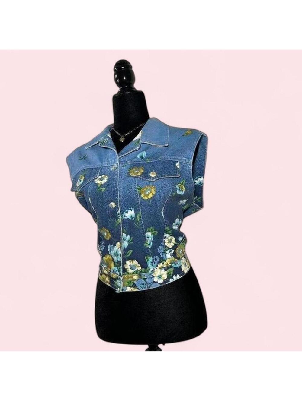 Bianca Maria Caselli Floral Denim Vest Jean Jacket Boho Size S - Picture 2 of 5